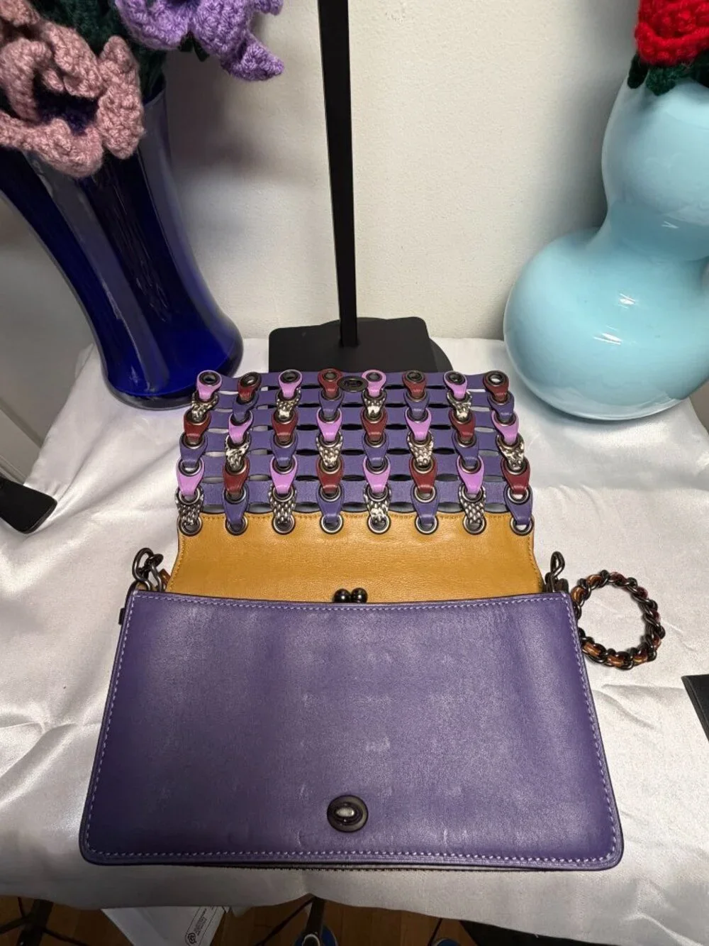 Coach Woven Leather Crossbody Bag With Chain Strap & Colorful Detailing - Purple